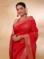 Red Art Silk Foil Printed Saree - red silk saree