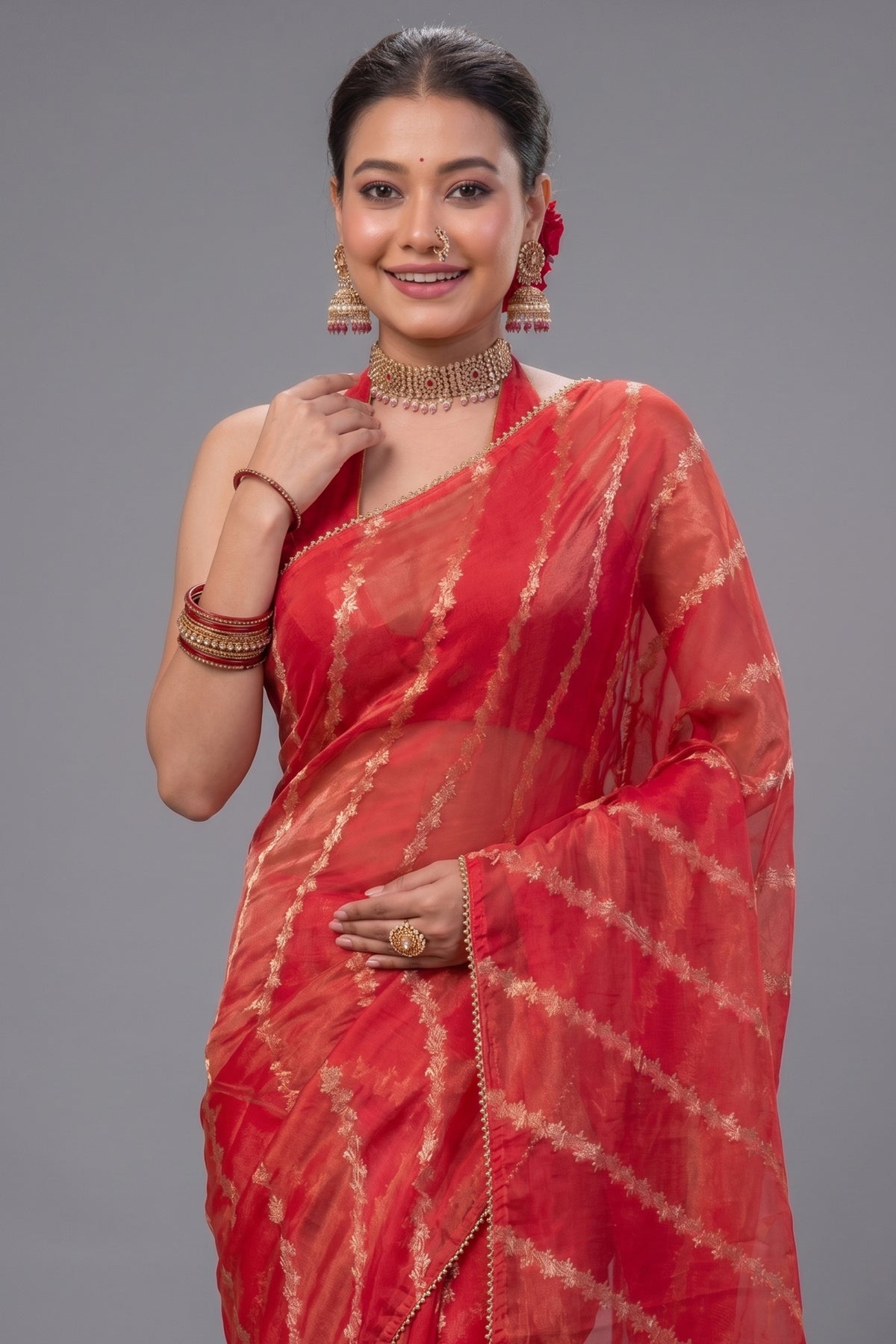 Pink Organza Tissue Saree with Weaving - pink organza saree