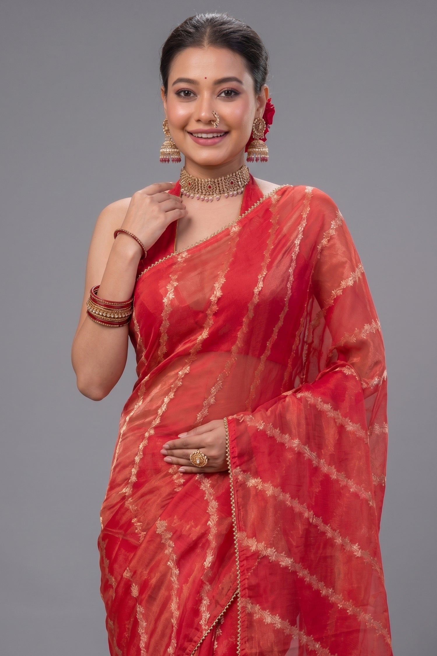 Pink Organza Tissue Saree with Weaving - pink organza saree
