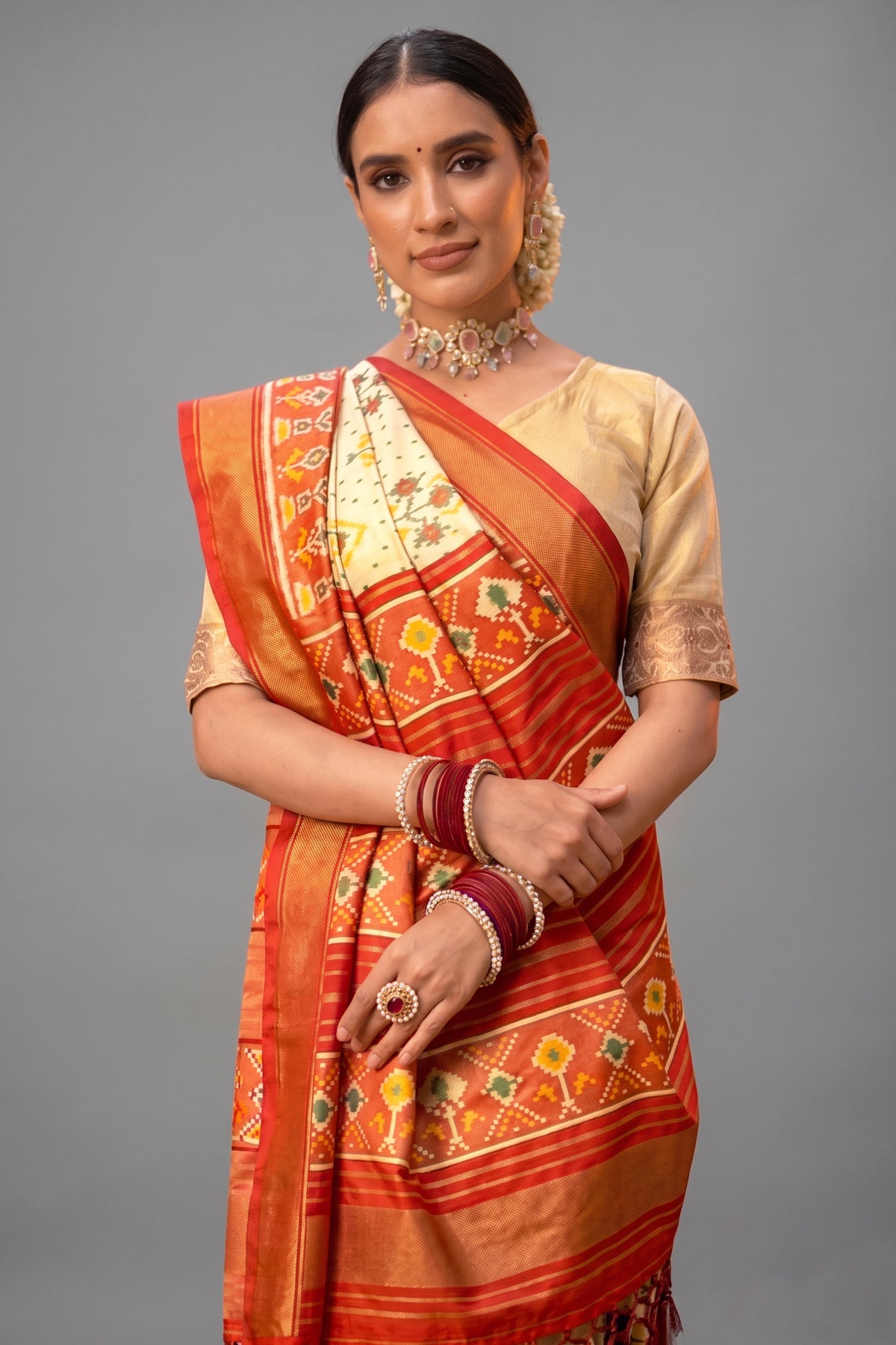 Beige Art Silk Patola Woven Saree with Contrast Pallu and Border - beige silk saree patola