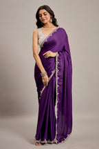 Deep Violet Satin Crepe Silk Saree with Diamond Embellishment Border - violet silk saree