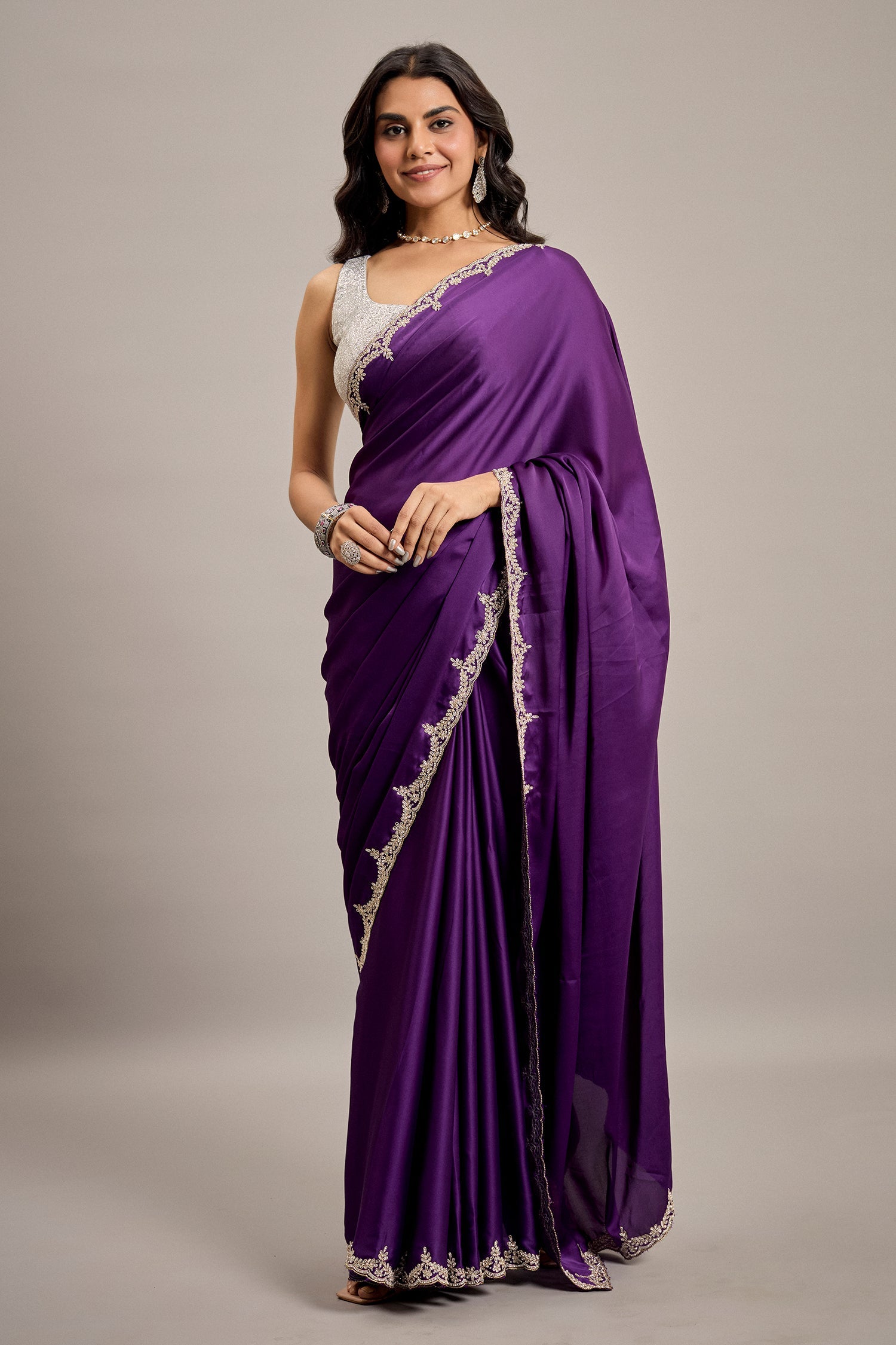 Deep Violet Satin Crepe Silk Saree with Diamond Embellishment Border Secondary image