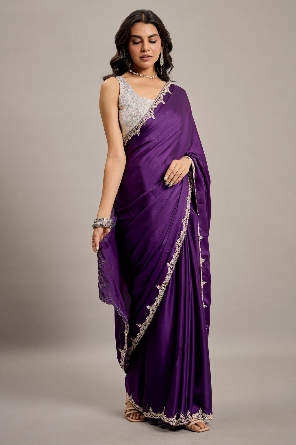 Deep Violet Satin Crepe Silk Saree with Diamond Embellishment Border - violet silk saree