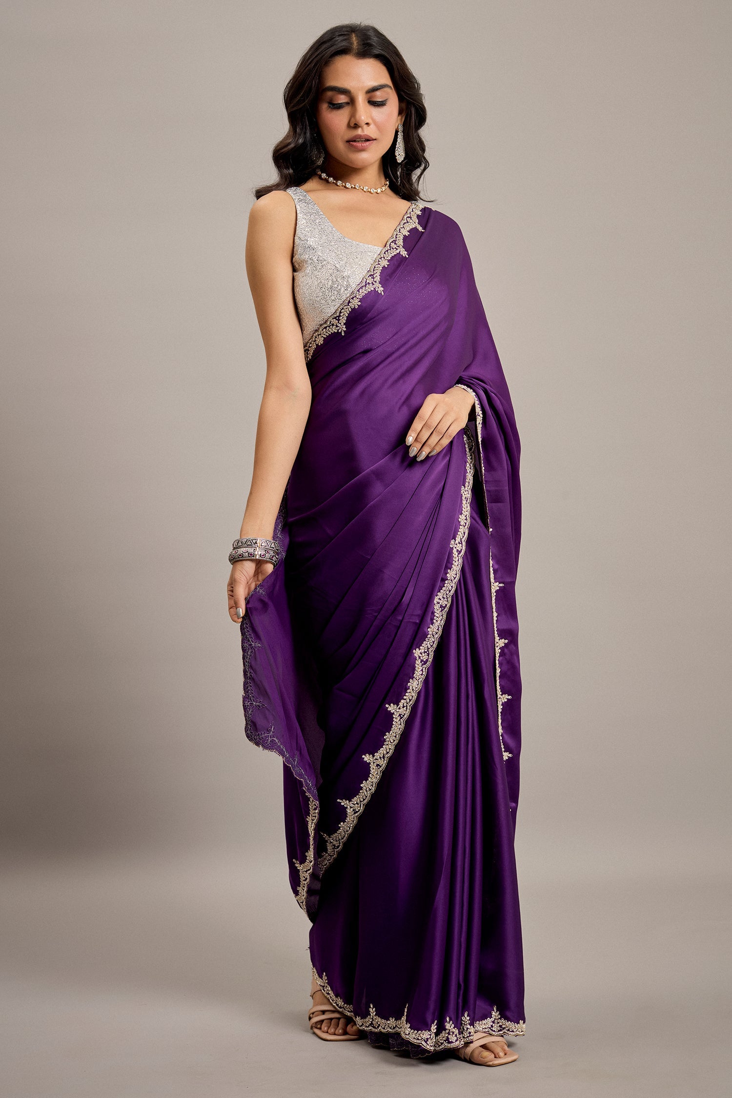 Deep Violet Satin Crepe Silk Saree with Diamond Embellishment Border - violet silk saree