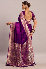 Mulberry Purple Satin Gaji Silk Saree with Woven Animal and Bird Motifs Border