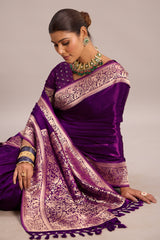 Mulberry Purple Satin Gaji Silk Saree with Woven Animal and Bird Motifs Border