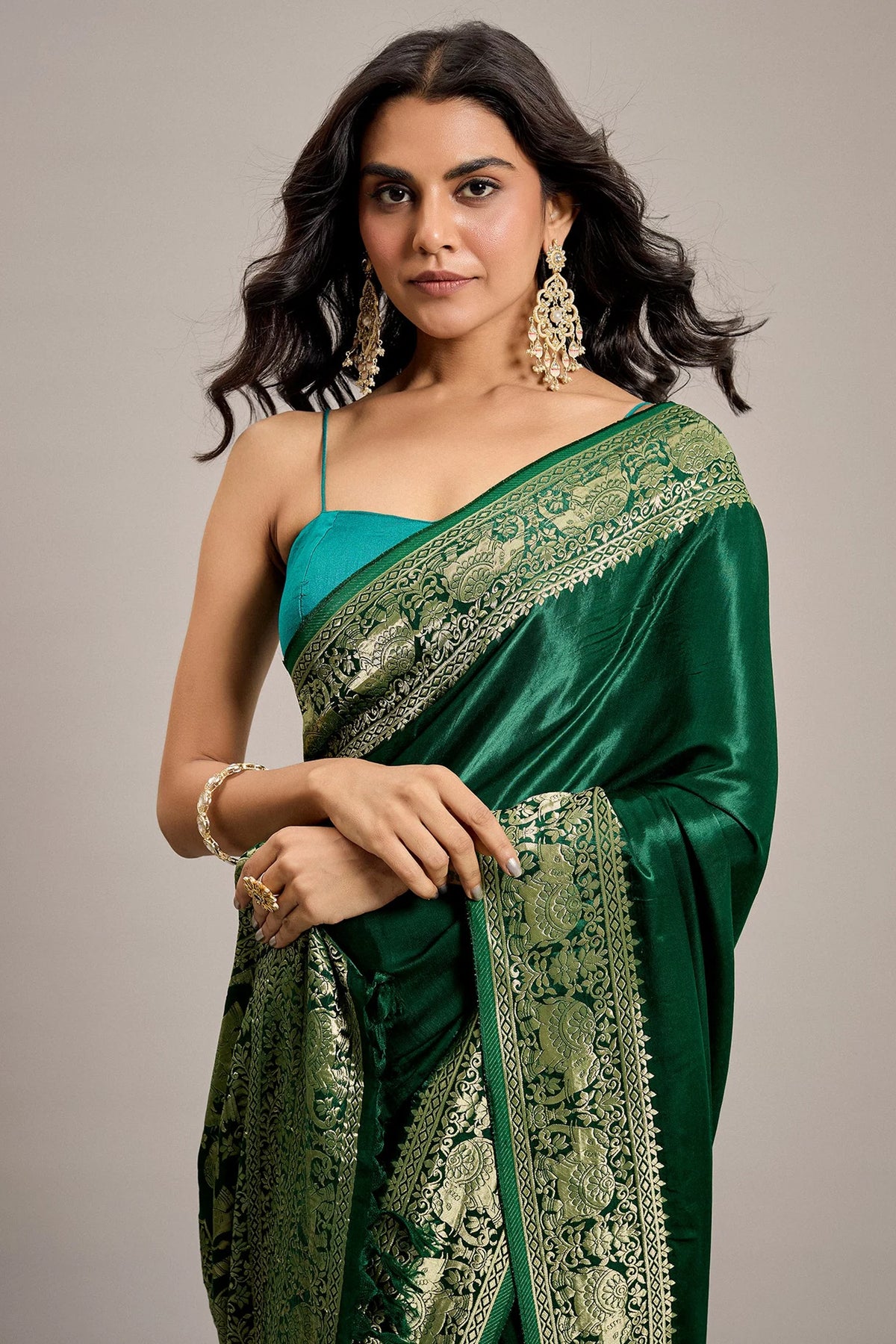 Dark Green Satin Silk Saree with Elephant Motifs Border - green silk saree