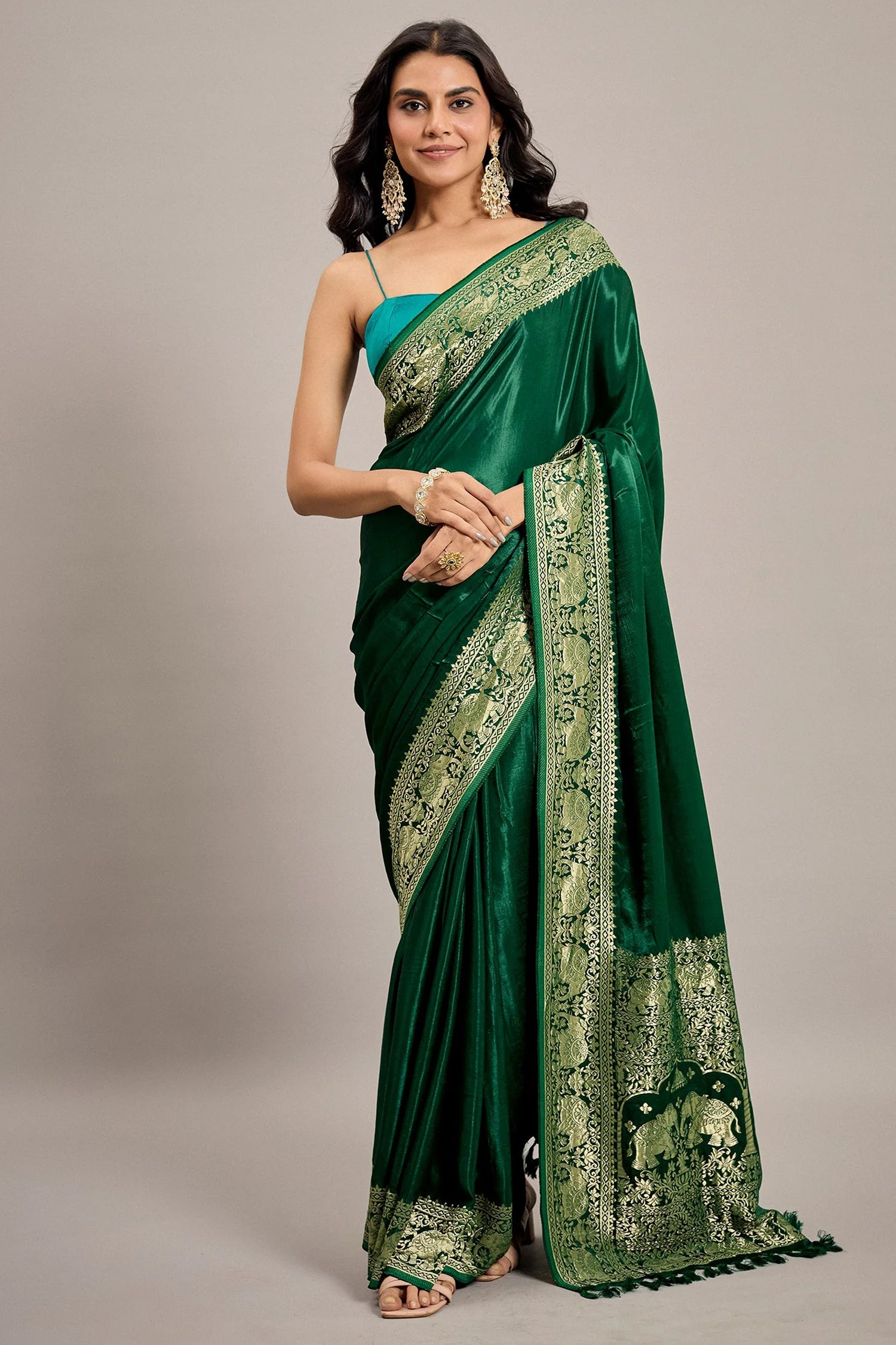 Dark Green Satin Silk Saree with Elephant Motifs Border - green silk saree Main image