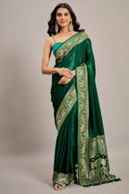 Dark Green Satin Silk Saree with Elephant Motifs Border - green silk saree
