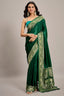 Dark Green Satin Silk Saree with Elephant Motifs Border - green silk saree