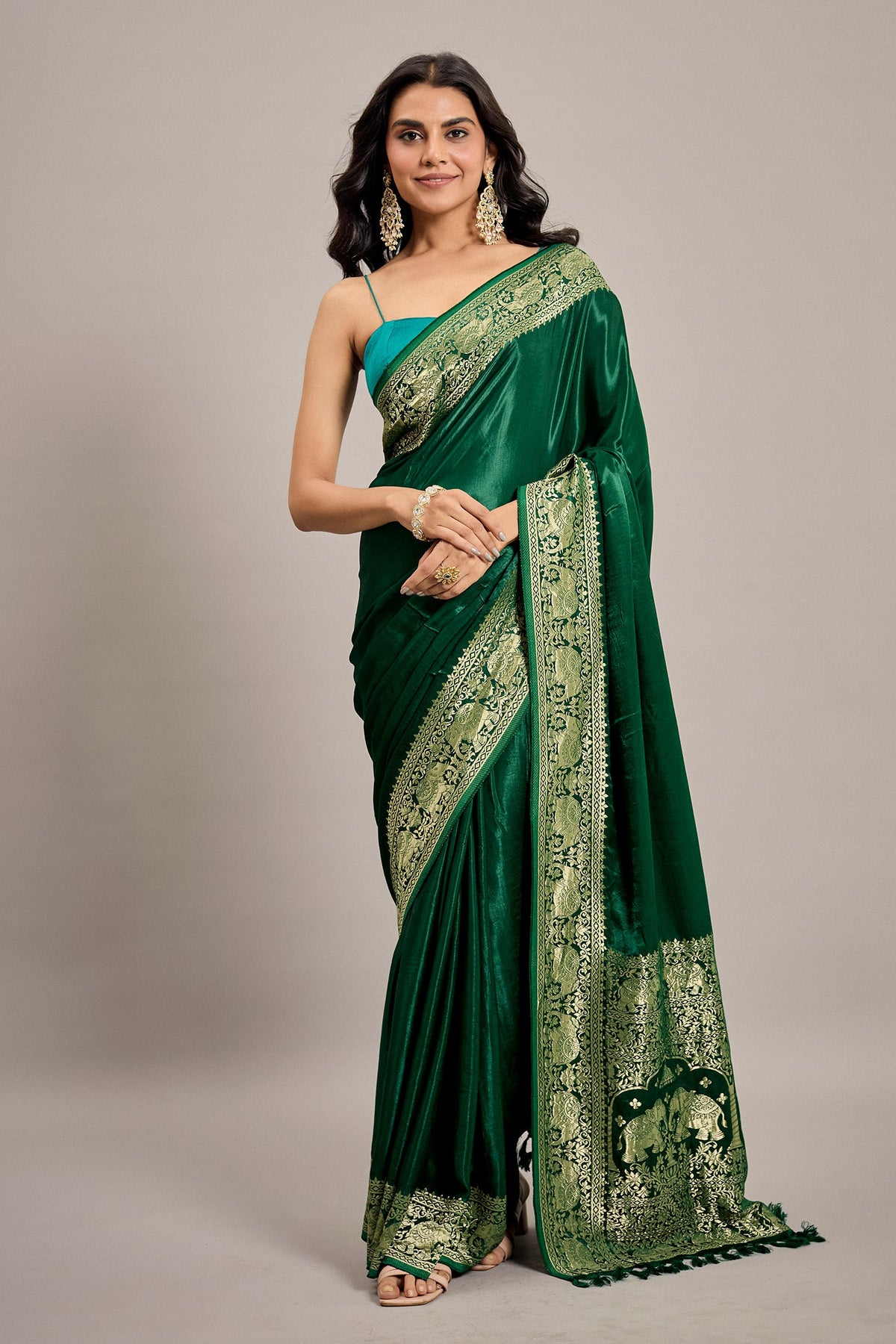 Dark Green Satin Silk Saree with Elephant Motifs Border - green silk saree