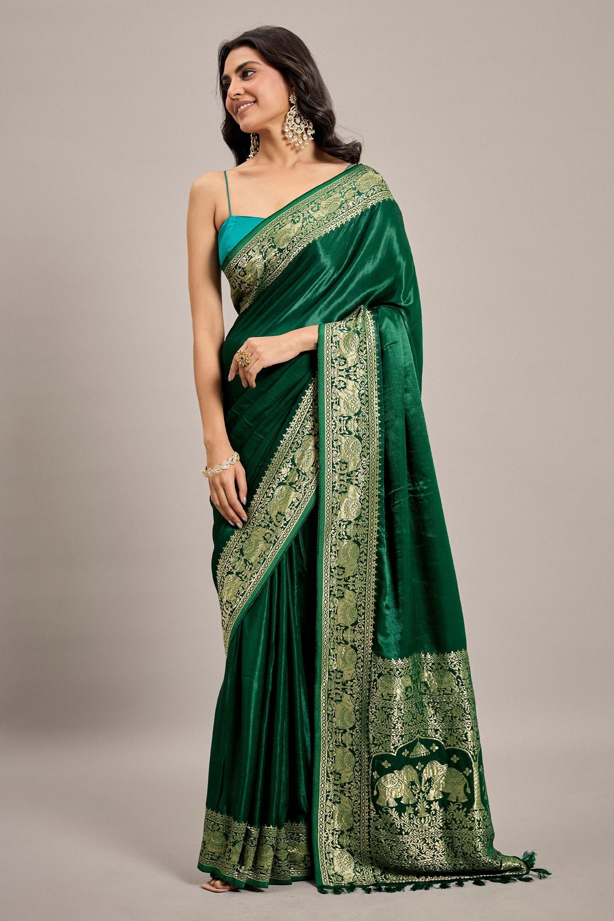 Dark Green Satin Silk Saree with Elephant Motifs Border - green silk saree