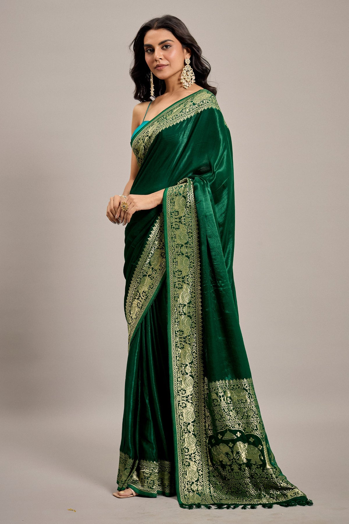 Dark Green Satin Silk Saree with Elephant Motifs Border - green silk saree
