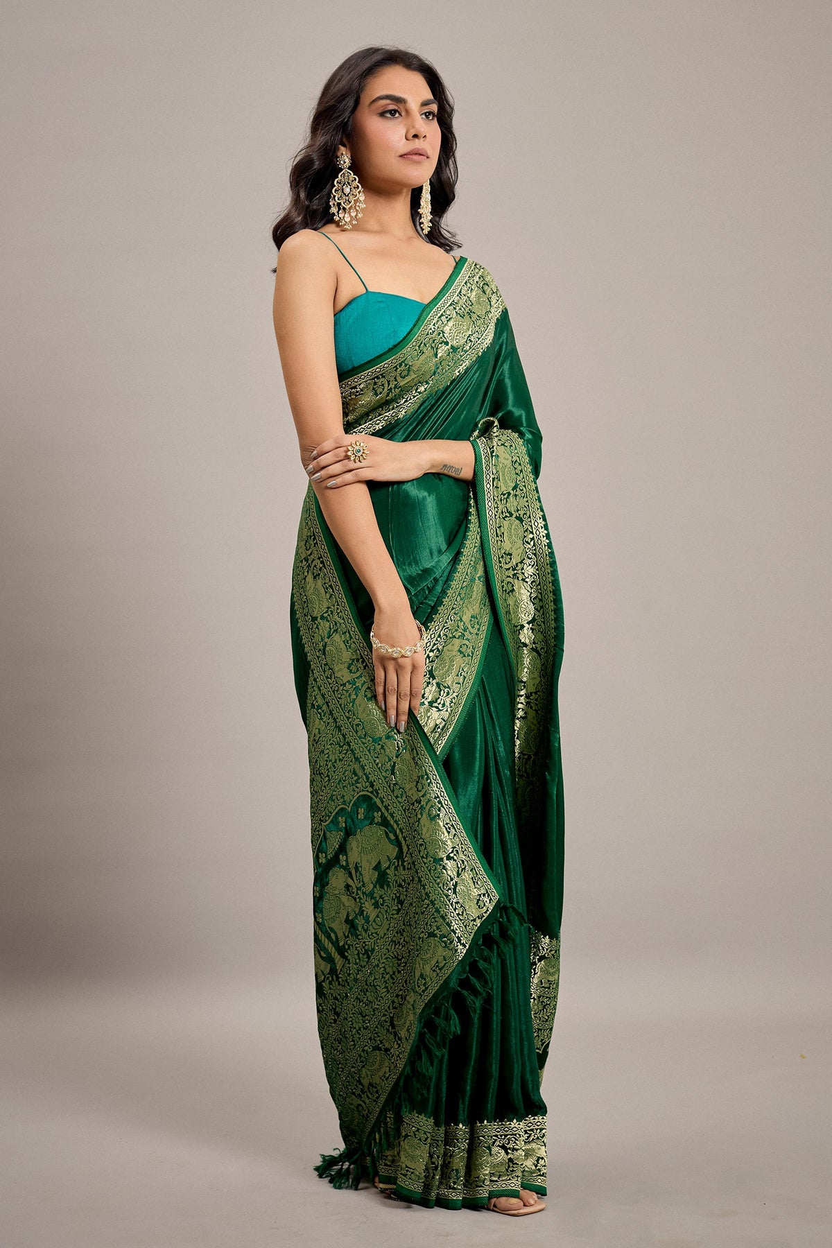 Dark Green Satin Silk Saree with Elephant Motifs Border - green silk saree