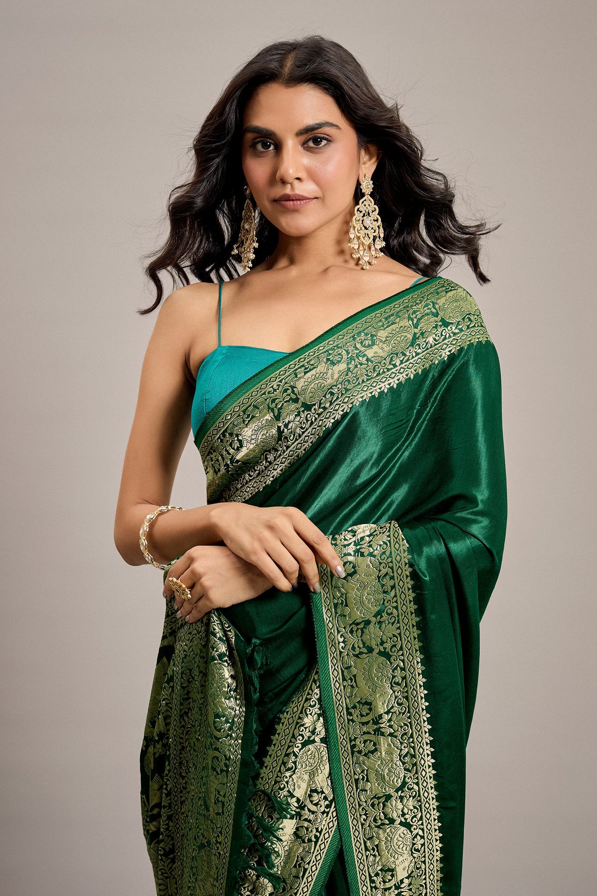 Dark Green Satin Silk Saree with Elephant Motifs Border - green silk saree