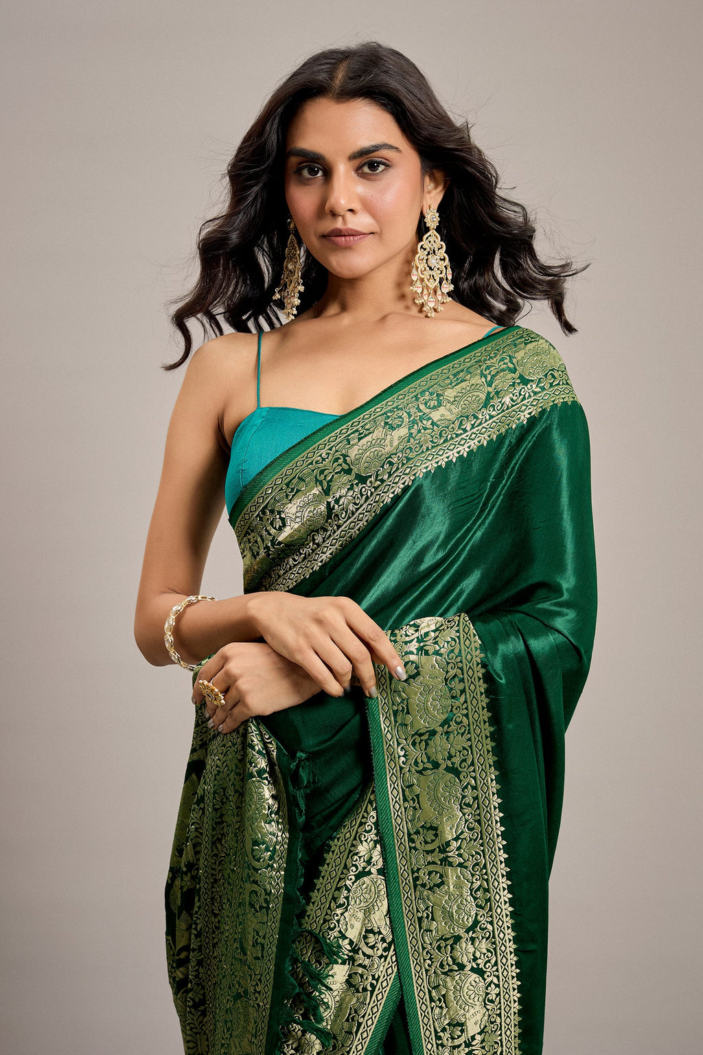 Dark Green Satin Silk Saree with Elephant Motifs Border - green silk saree
