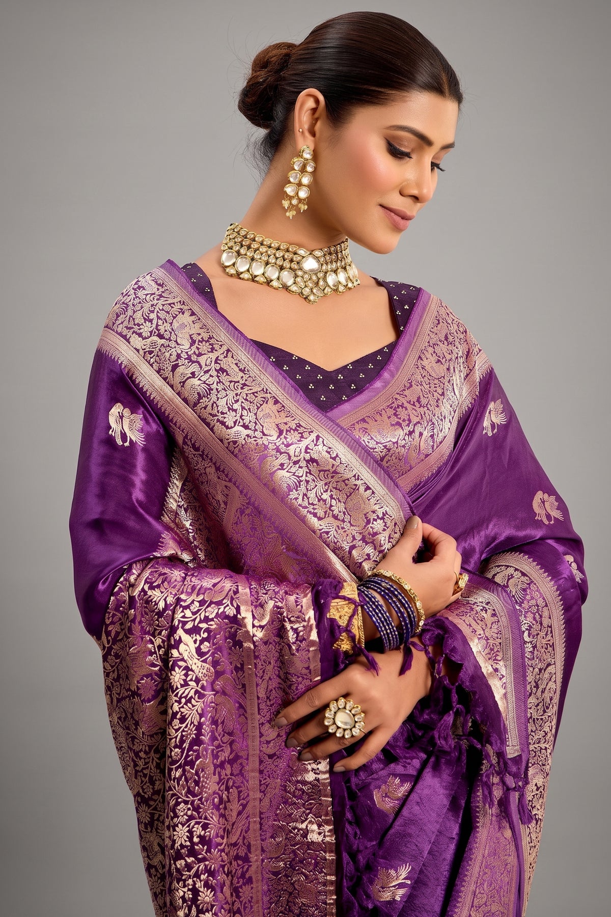 Palatinate Purple Satin Silk Bird and Animal Motif Woven Saree - purple silk saree