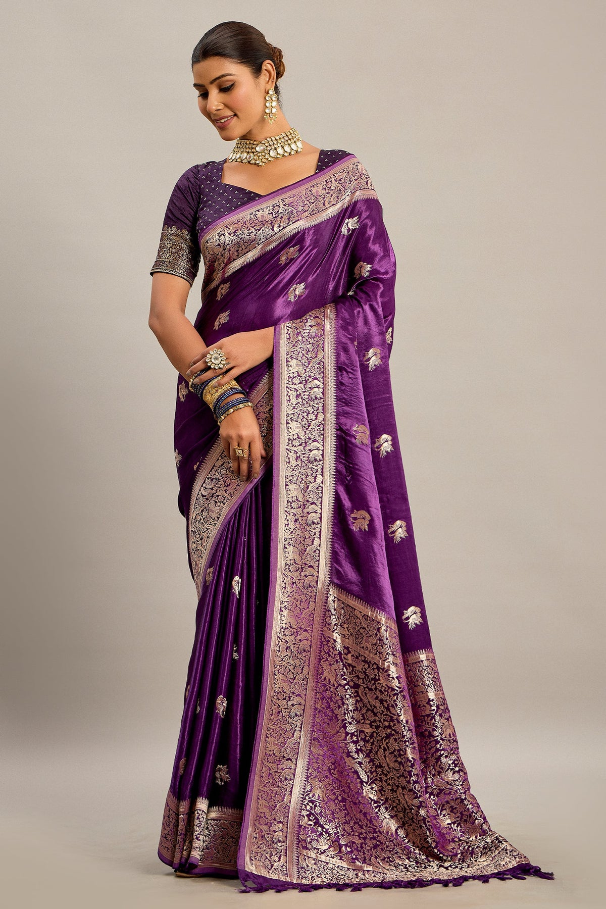 Palatinate Purple Satin Silk Bird and Animal Motif Woven Saree - purple silk saree
