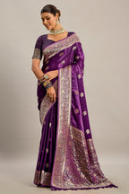 Palatinate Purple Satin Silk Bird and Animal Motif Woven Saree - purple silk saree