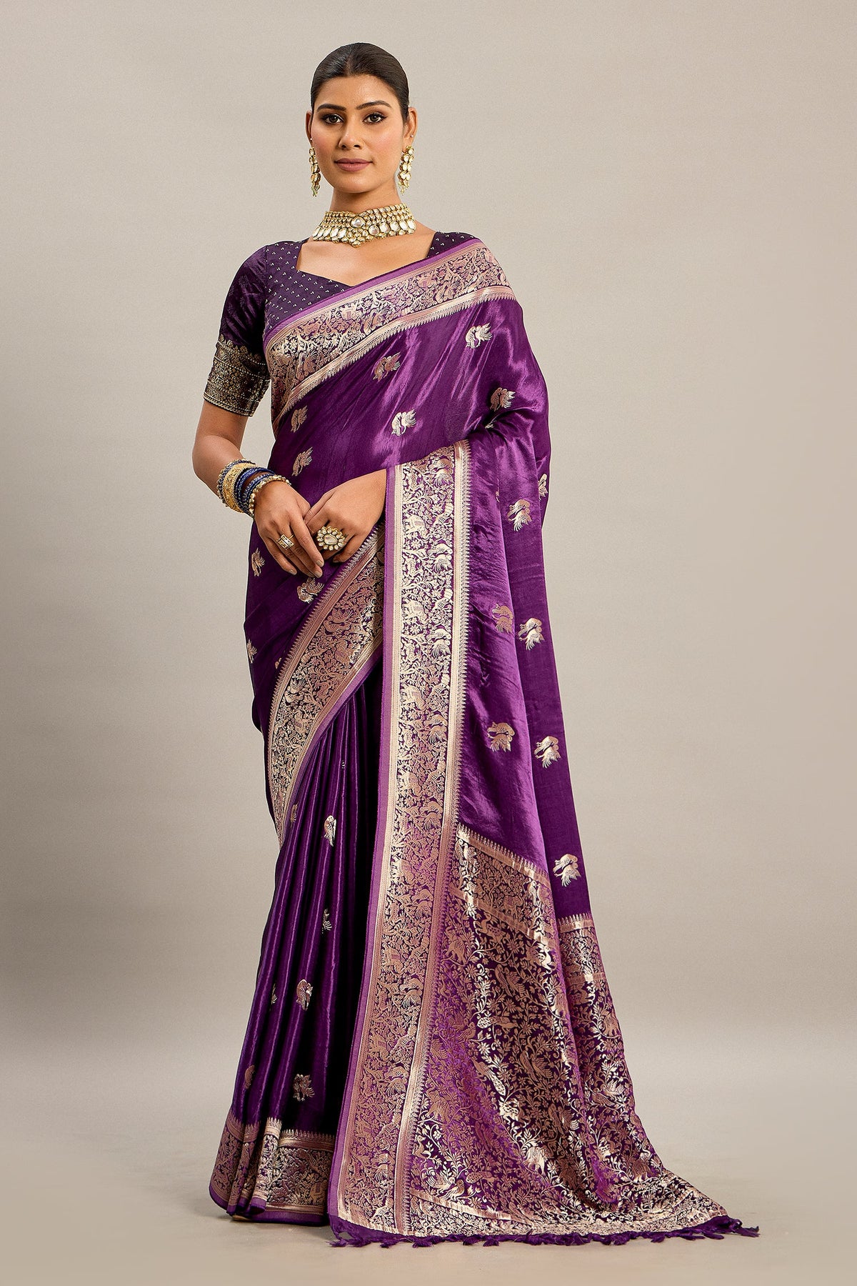 Palatinate Purple Satin Silk Bird and Animal Motif Woven Saree - purple silk saree