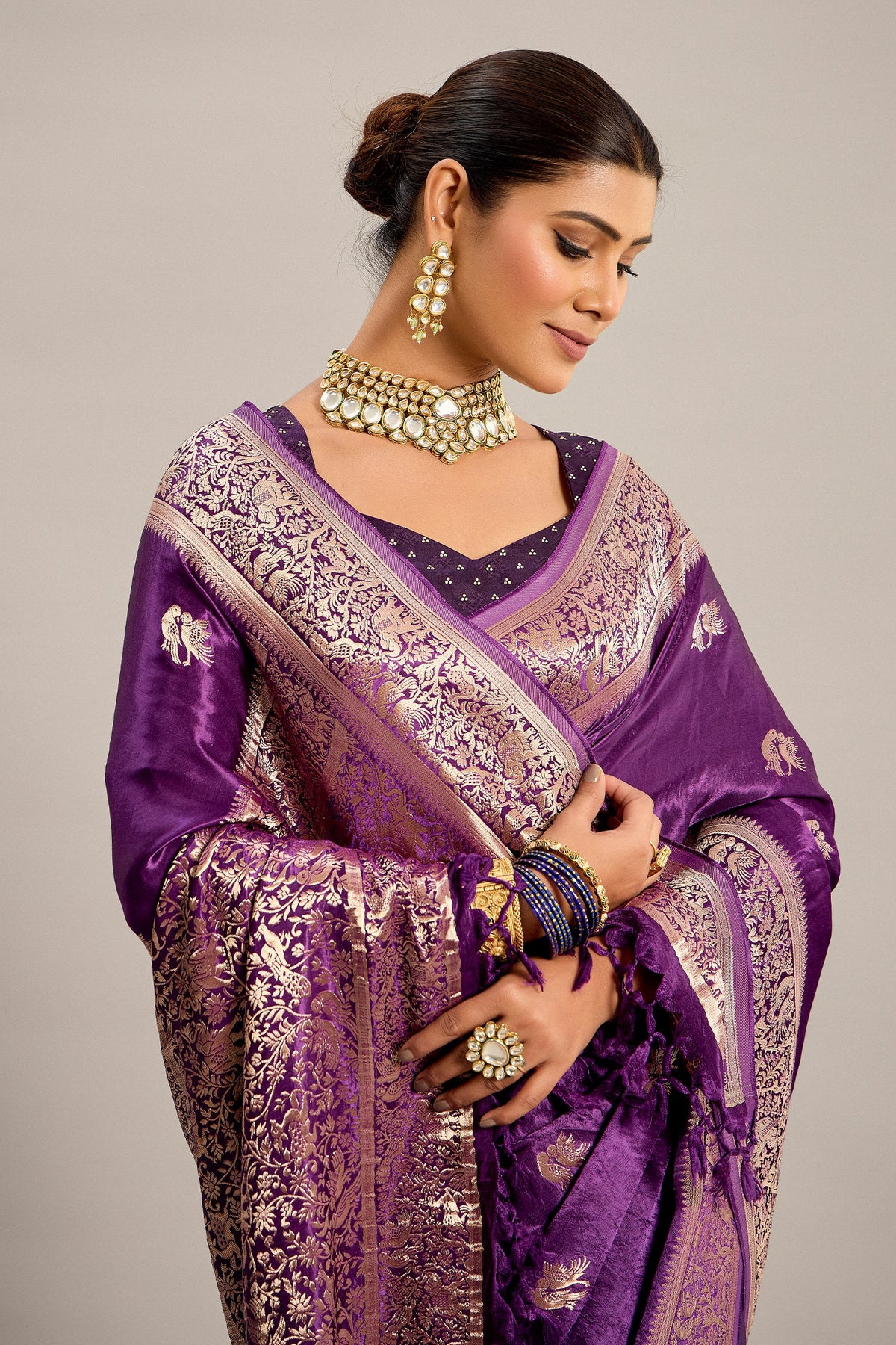 Palatinate Purple Satin Silk Bird and Animal Motif Woven Saree - purple silk saree