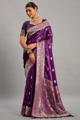 Palatinate Purple Satin Silk Bird and Animal Motif Woven Saree - purple silk saree
