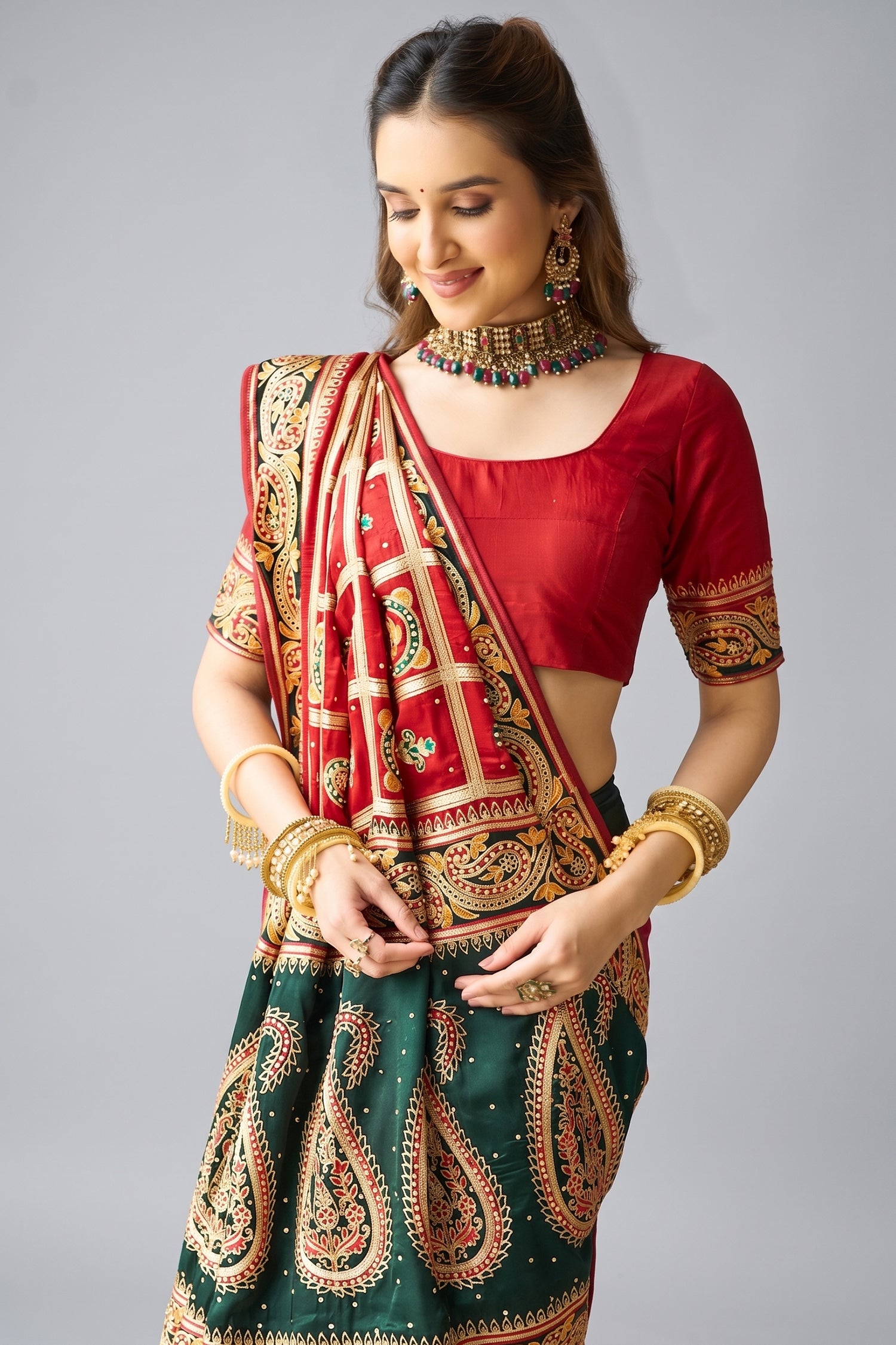 Maroon Semi Silk Checks Embroidered and Paisley Motif Traditonal Gharchola Saree Secondary image