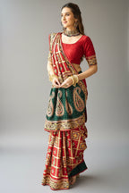 Maroon Semi Silk Checks Embroidered and Paisley Motif Traditonal Gharchola Saree - red silk saree embroidered