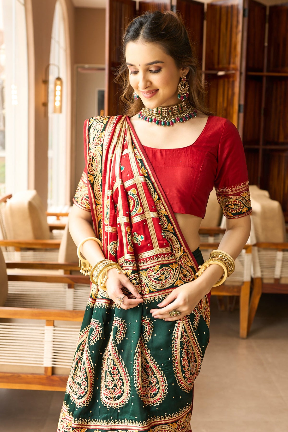Maroon Semi Silk Checks Embroidered and Paisley Motif Traditonal Gharchola Saree - red silk saree embroidered
