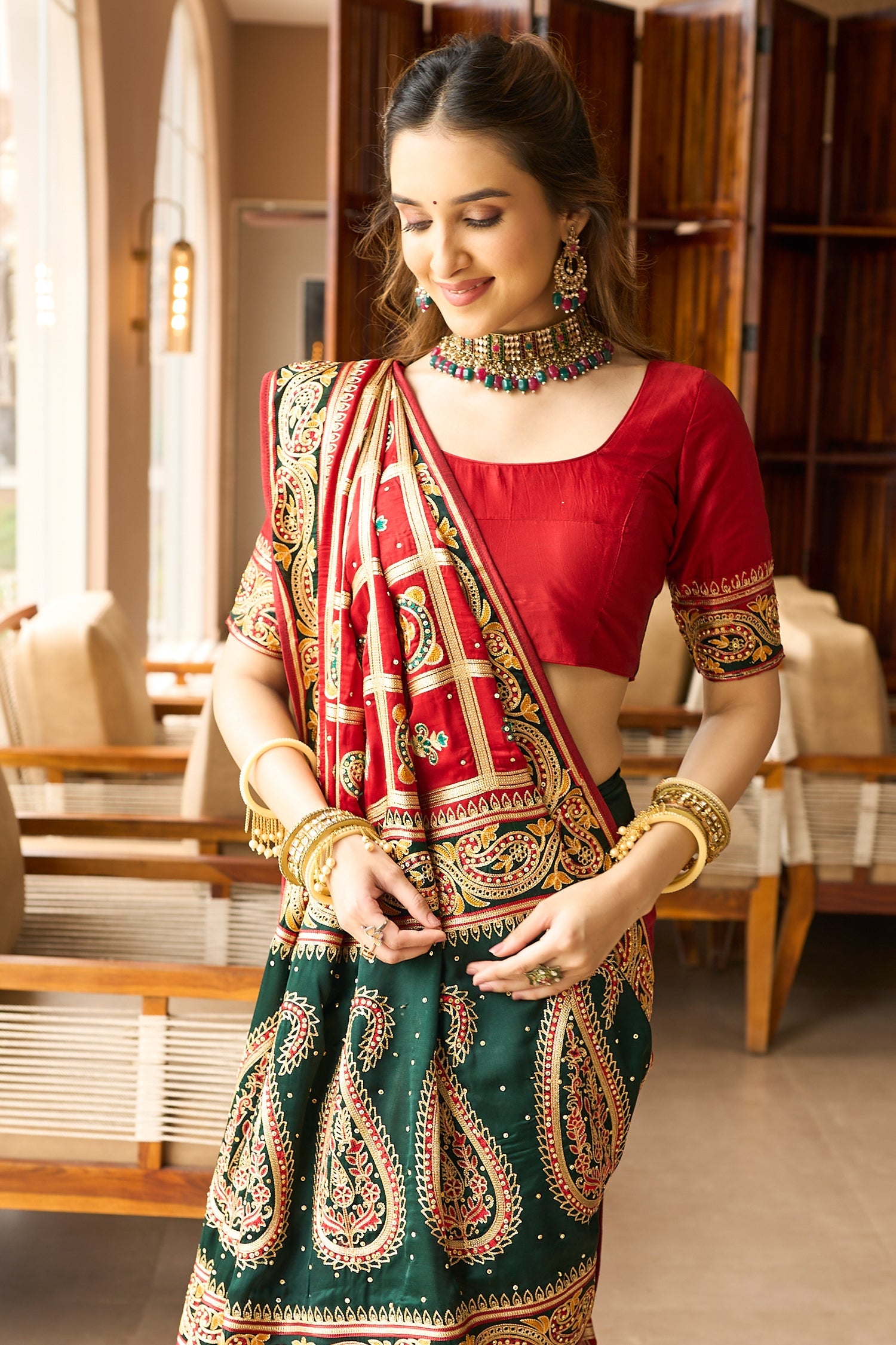Maroon Semi Silk Checks Embroidered and Paisley Motif Traditonal Gharchola Saree - red silk saree embroidered