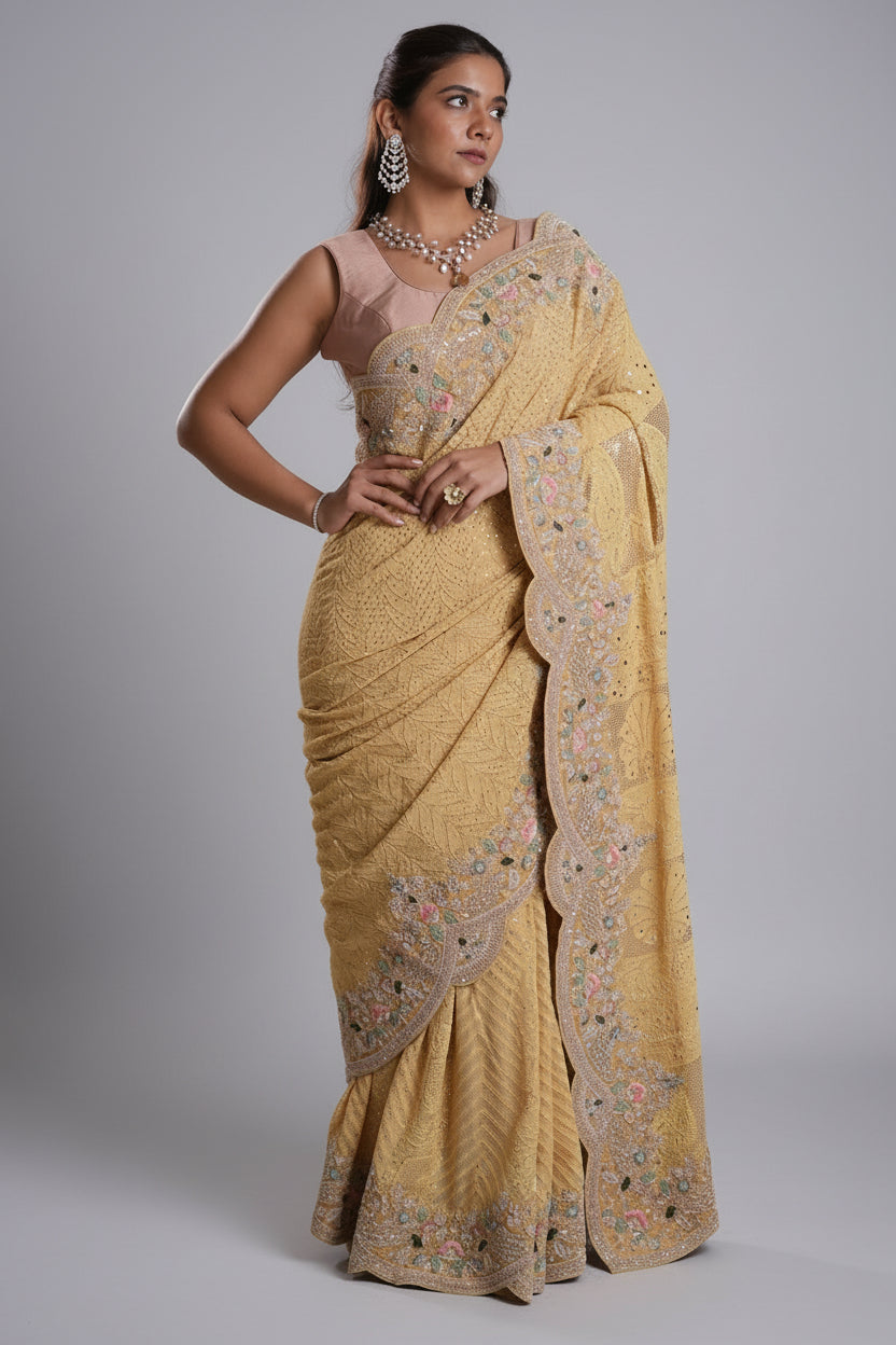 Light Yellow Designer Lucknowi Chikankari and Zardosi Worked Saree with Mukaish Work - yellow saree chikankari Main image