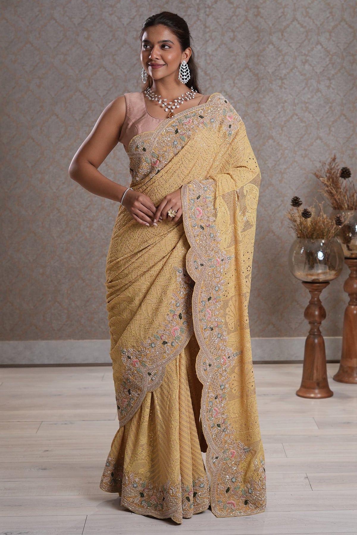 Light Yellow Designer Lucknowi Chikankari and Zardosi Worked Saree with Mukaish Work - yellow saree chikankari