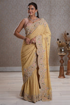 Light Yellow Designer Lucknowi Chikankari and Zardosi Worked Saree with Mukaish Work - yellow saree chikankari