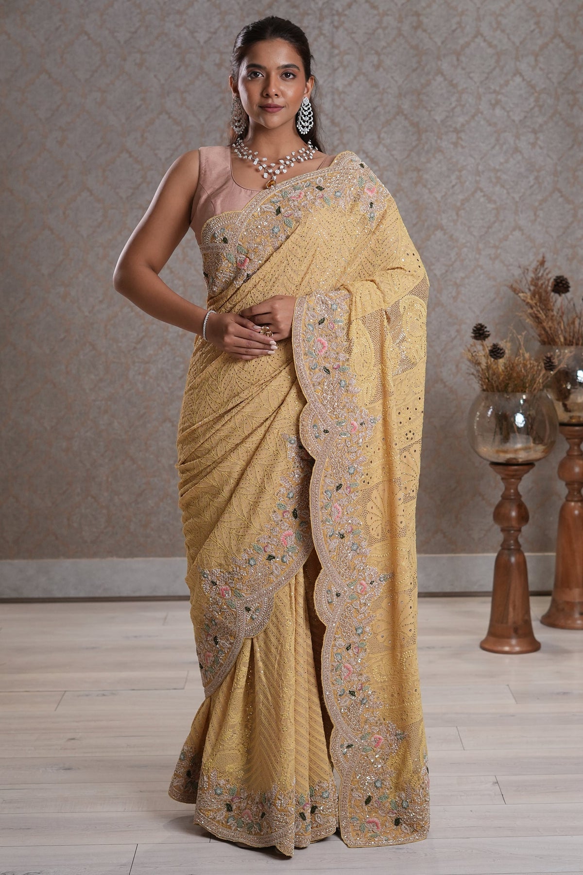 Light Yellow Designer Lucknowi Chikankari and Zardosi Worked Saree with Mukaish Work - yellow saree chikankari