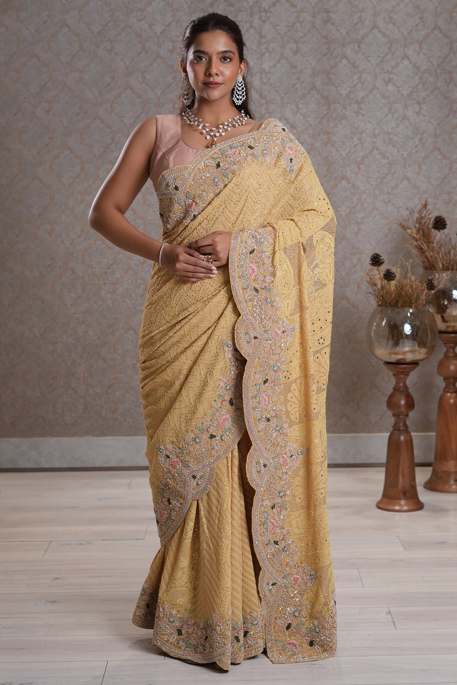 Light Yellow Designer Lucknowi Chikankari and Zardosi Worked Saree with Mukaish Work - yellow saree chikankari