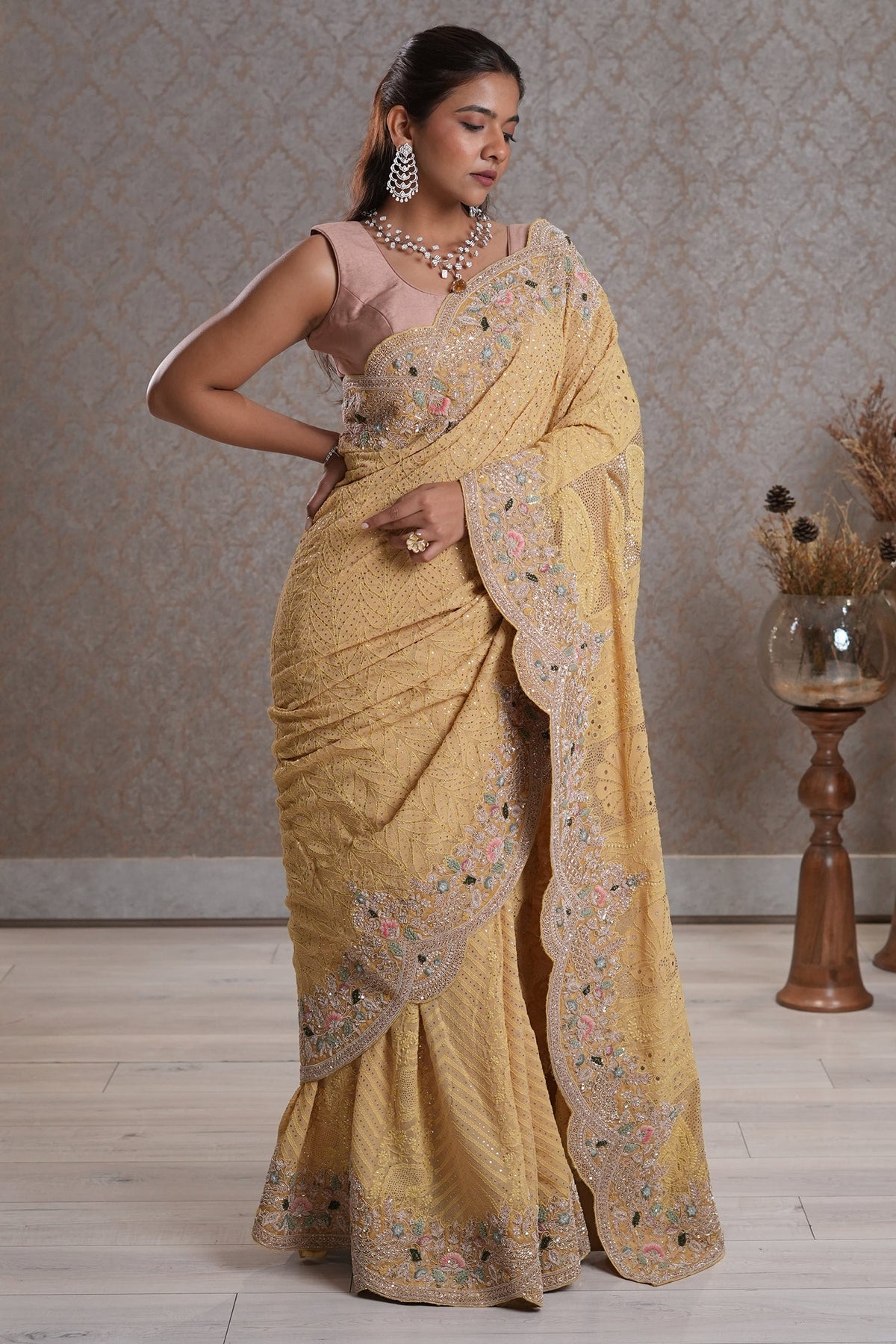 Light Yellow Designer Lucknowi Chikankari and Zardosi Worked Saree with Mukaish Work - yellow saree chikankari