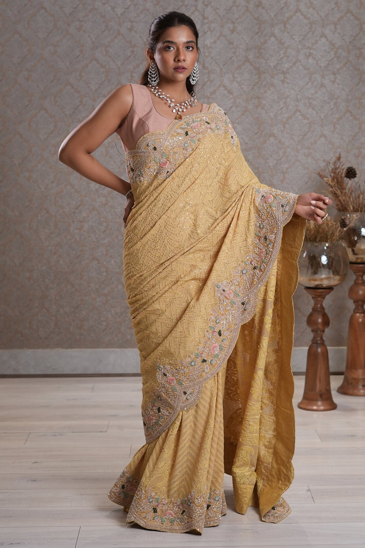 Light Yellow Designer Lucknowi Chikankari and Zardosi Worked Saree with Mukaish Work - yellow saree chikankari