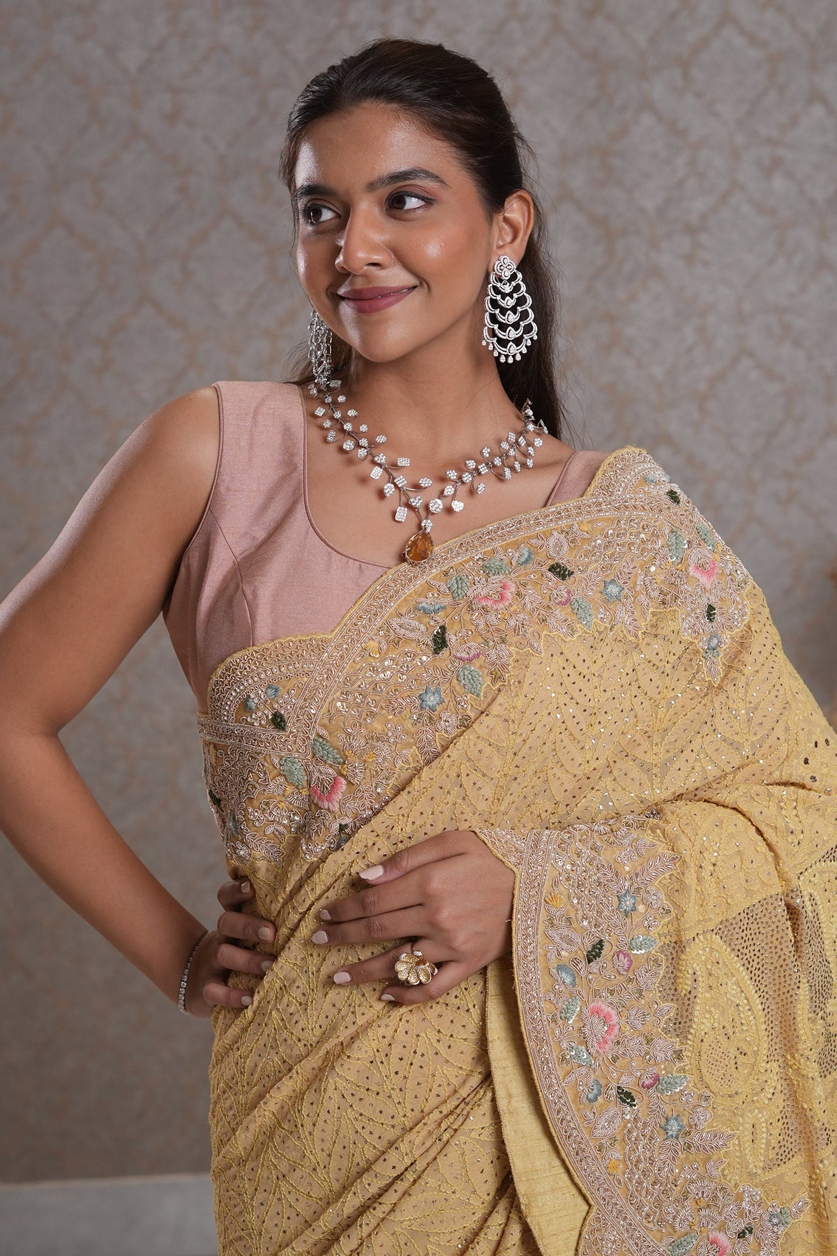 Light Yellow Designer Lucknowi Chikankari and Zardosi Worked Saree with Mukaish Work - yellow saree chikankari