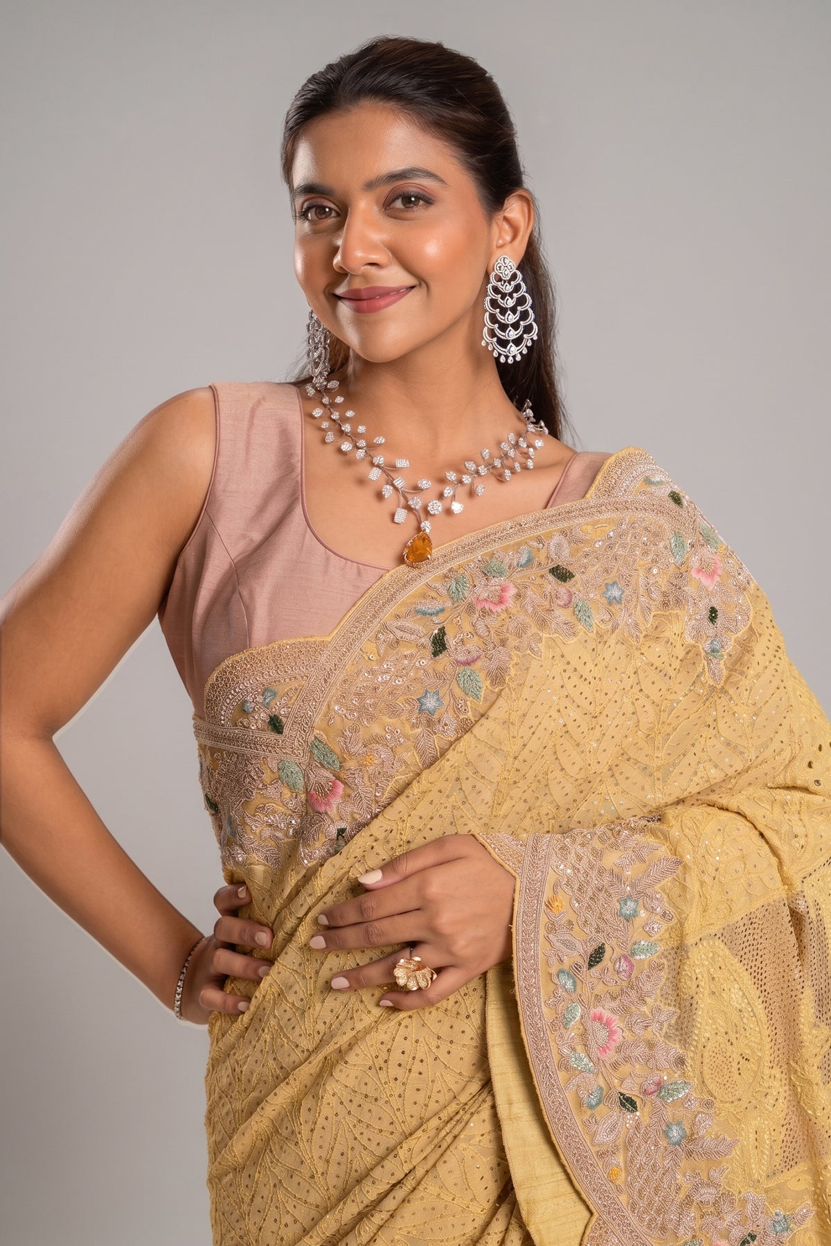 Light Yellow Designer Lucknowi Chikankari and Zardosi Worked Saree with Mukaish Work