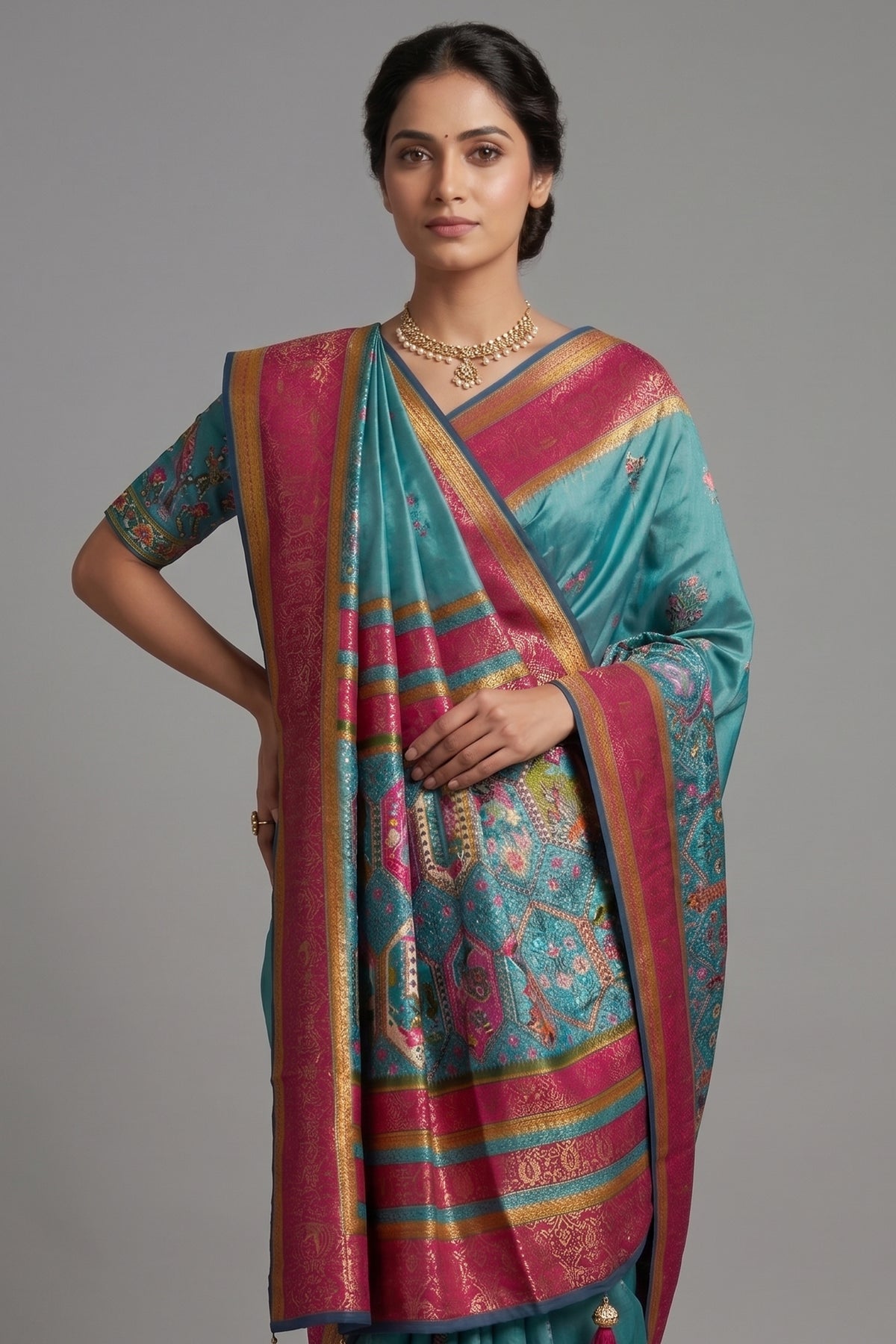 Sky Blue Modal Silk Printed Saree - blue silk saree
