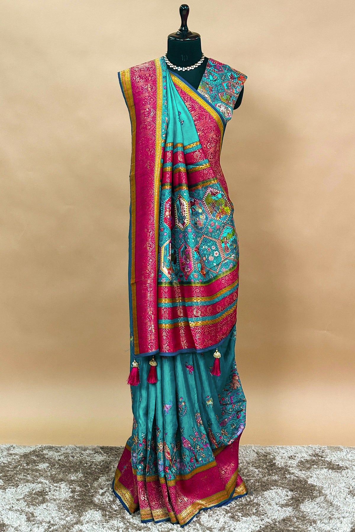 Sky Blue Modal Silk Printed Saree - blue silk saree