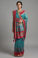 Sky Blue Modal Silk Printed Saree - blue silk saree