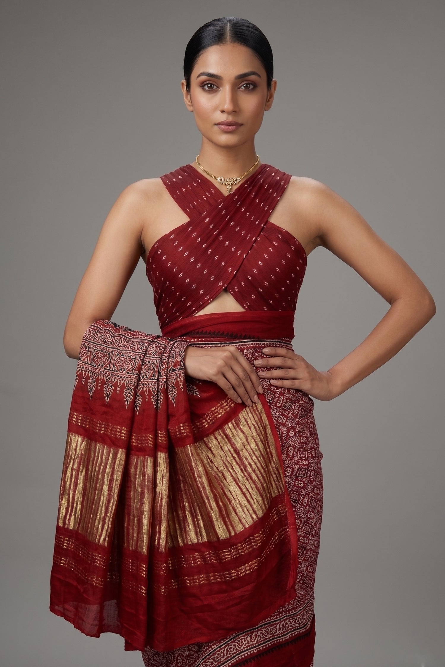 Maroon Modal Silk Ajrakh Printed Saree Secondary image