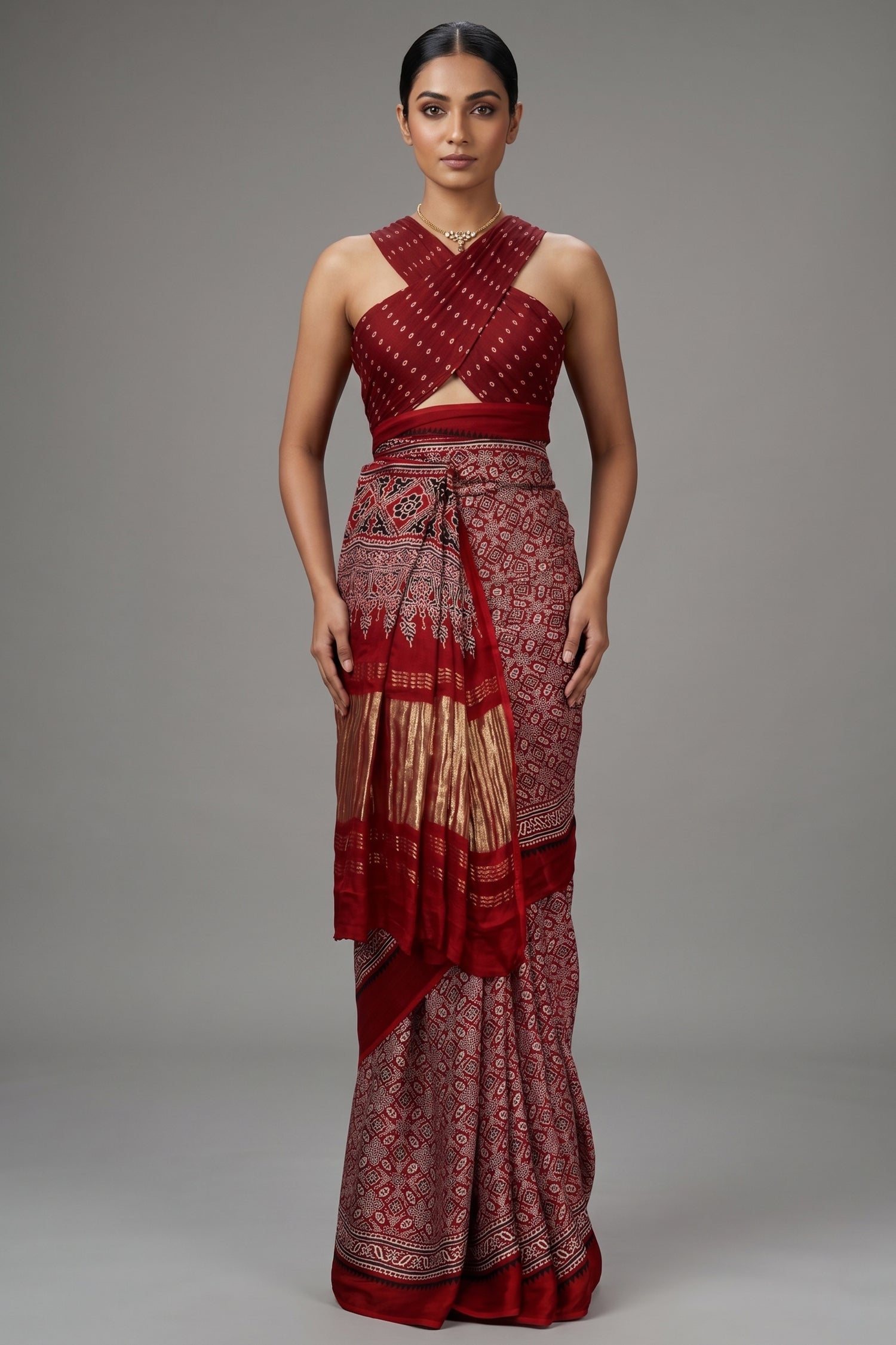 Maroon Modal Silk Ajrakh Printed Saree - maroon silk saree Main image