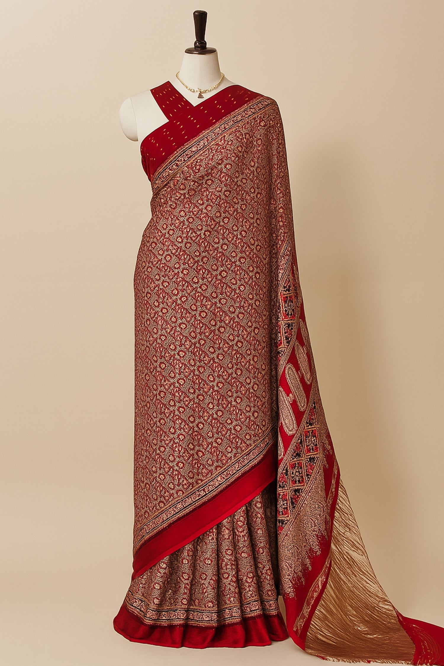 Maroon Modal Silk Ajrakh Printed Saree - maroon silk saree