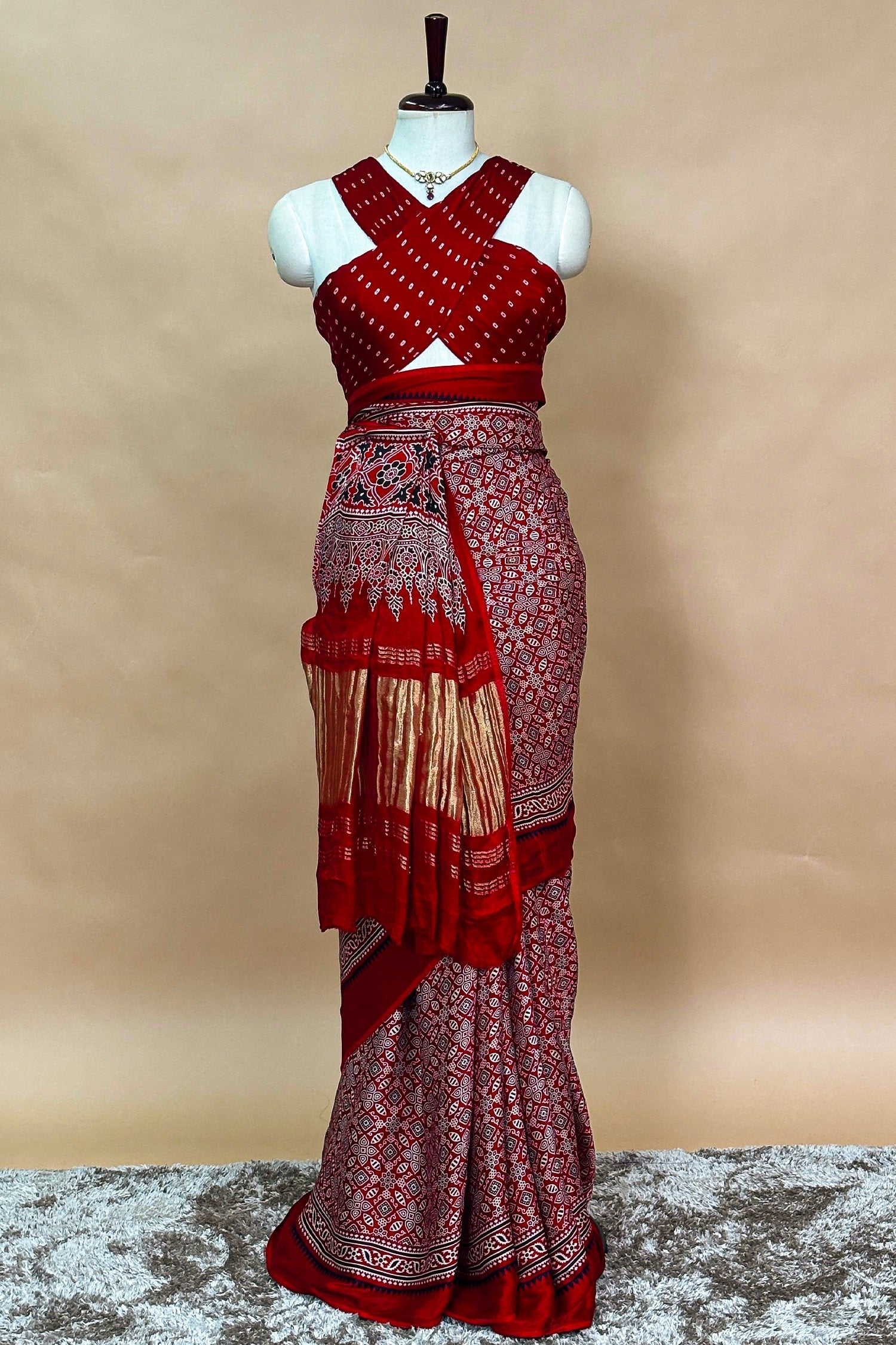 Maroon Modal Silk Ajrakh Printed Saree - maroon silk saree