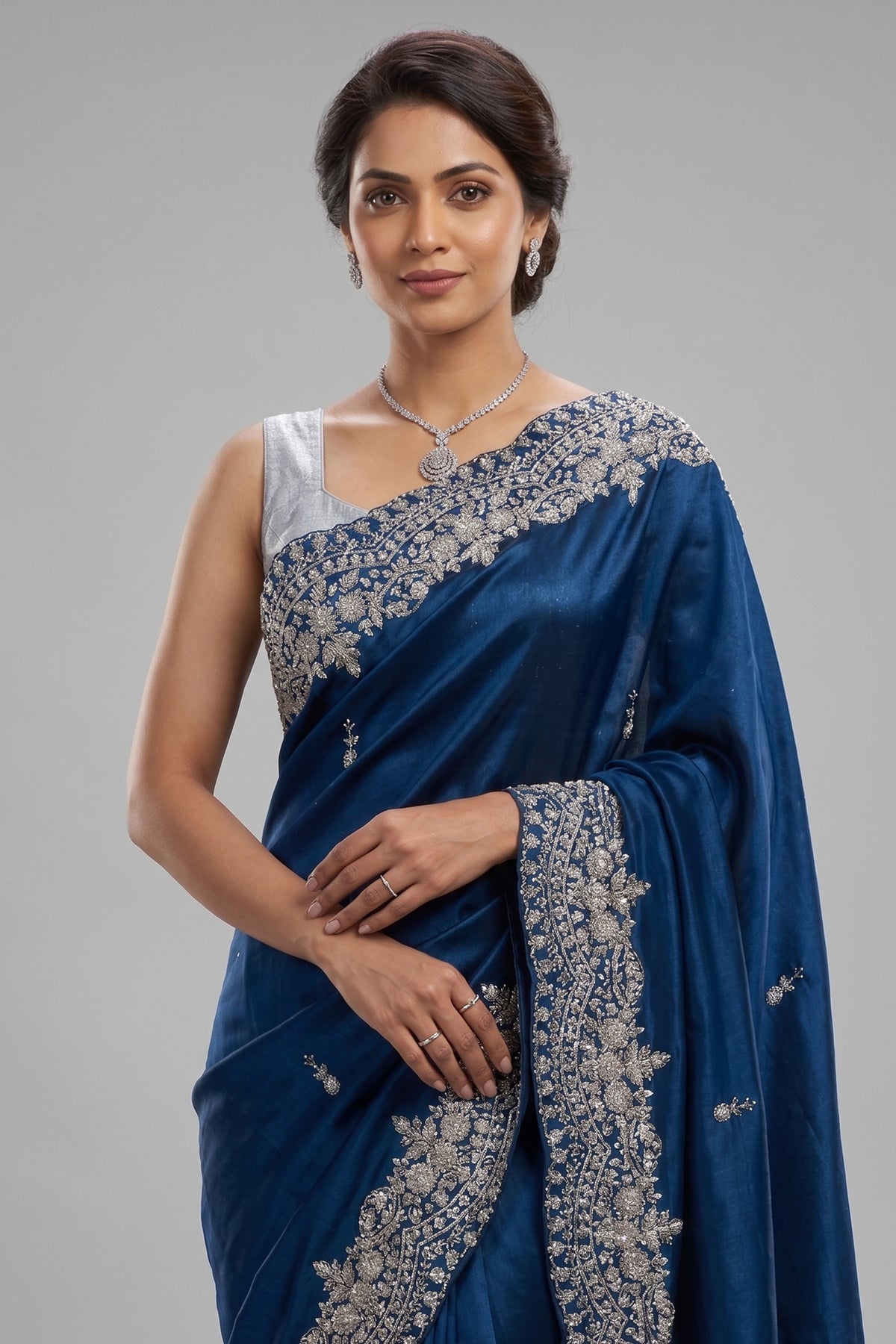 Rama Blue Organza Saree with Sequin and Cutdana Work Scallop Border - blue organza saree