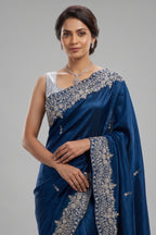 Rama Blue Organza Saree with Sequin and Cutdana Work Scallop Border - blue organza saree