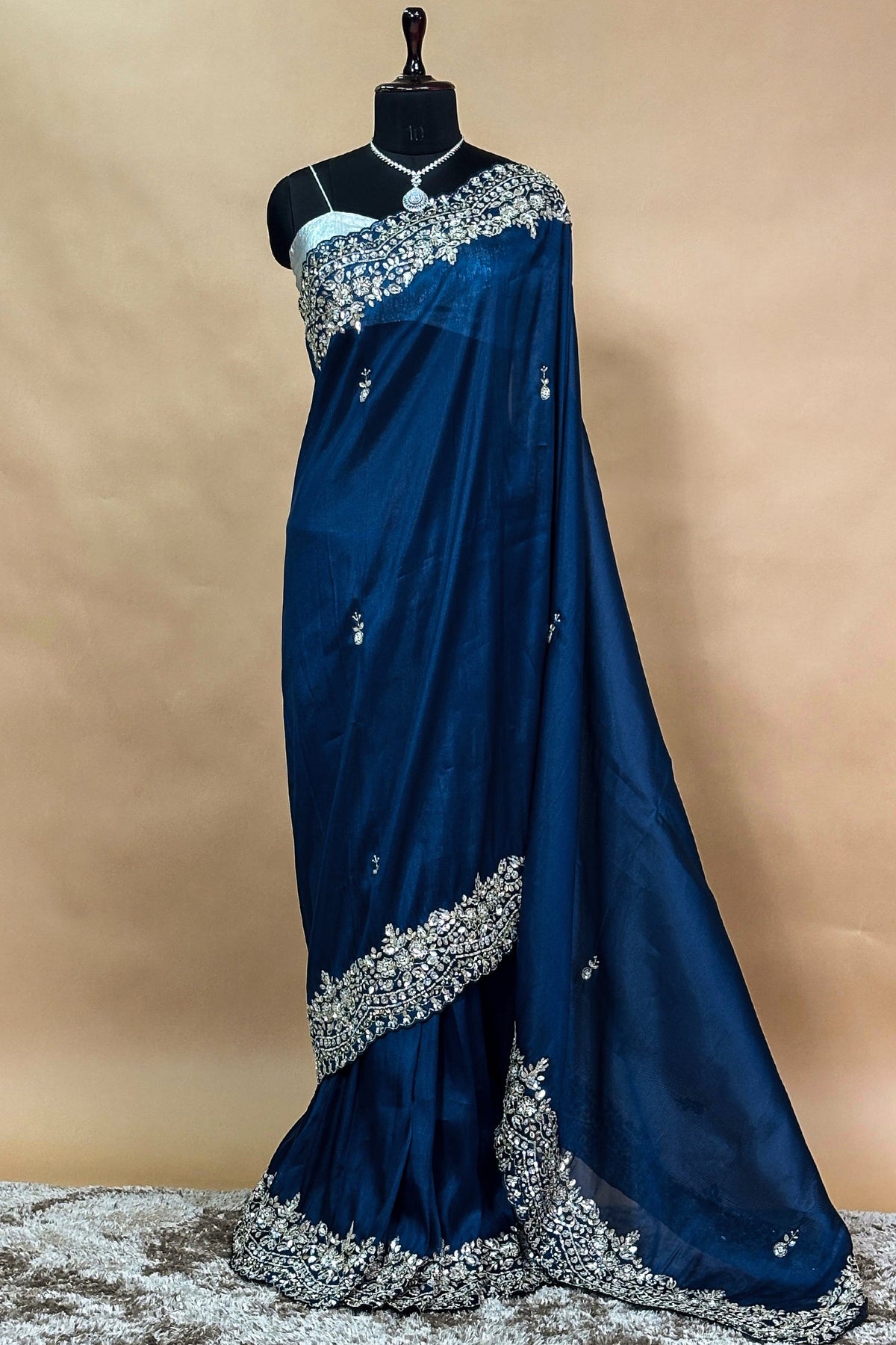 Rama Blue Organza Saree with Sequin and Cutdana Work Scallop Border - blue organza saree