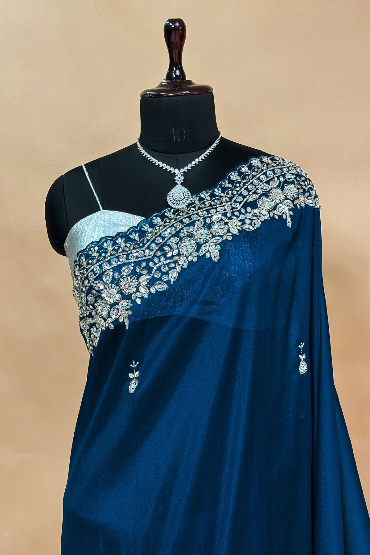 Rama Blue Organza Saree with Sequin and Cutdana Work Scallop Border - blue organza saree